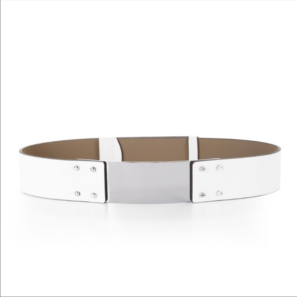 BCBG White Waist Belt Faux Leather Wide Silver Tone Metal Buckle